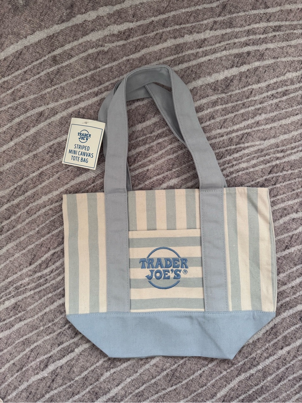 Trader Joe's Striped Canvas Tote Bag in Light Blue and Cream